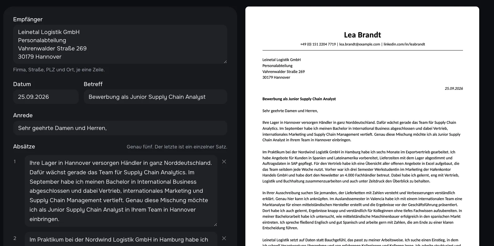 An application with cover letter and CV